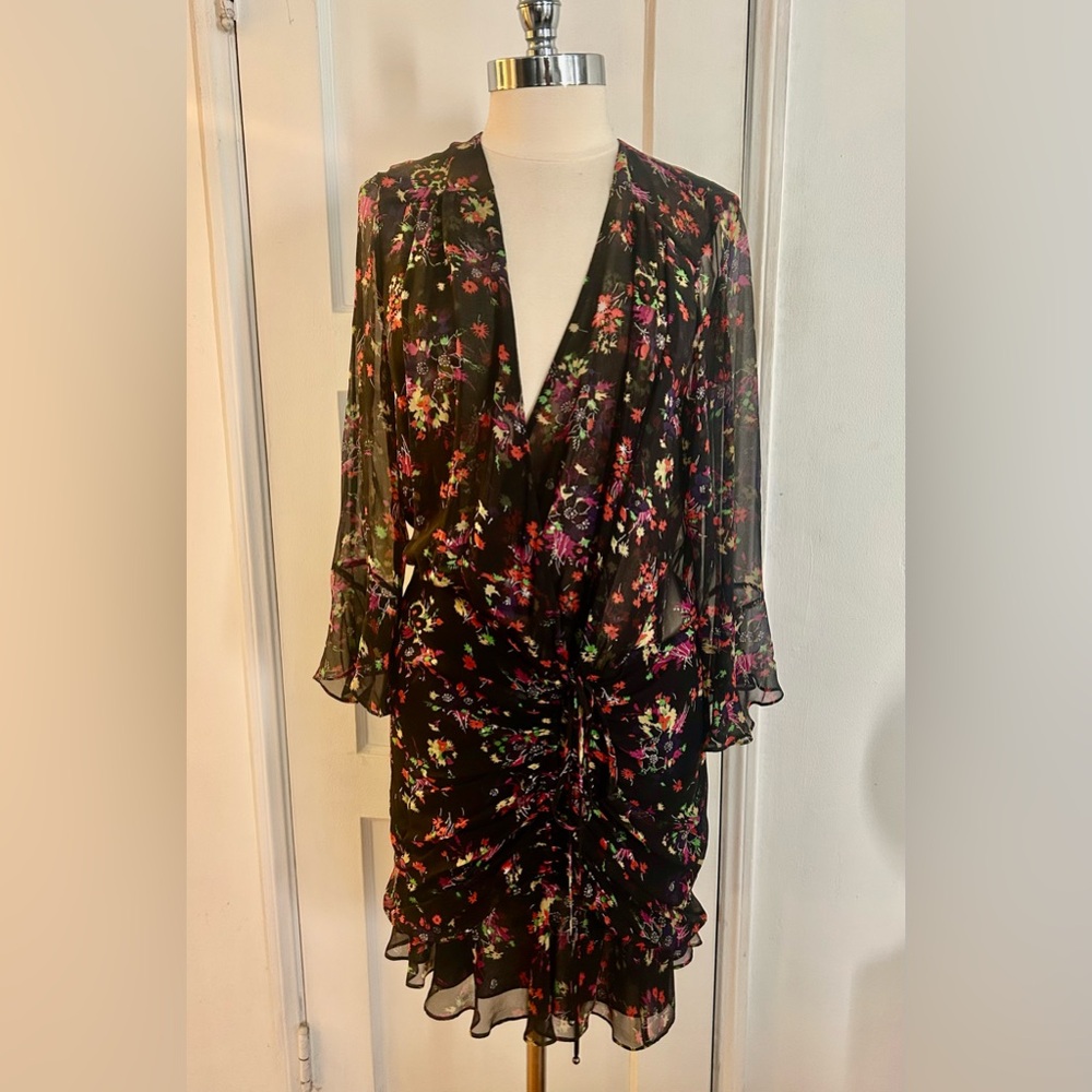 Veronica Beard Silk Black Floral V Neck Dress 14